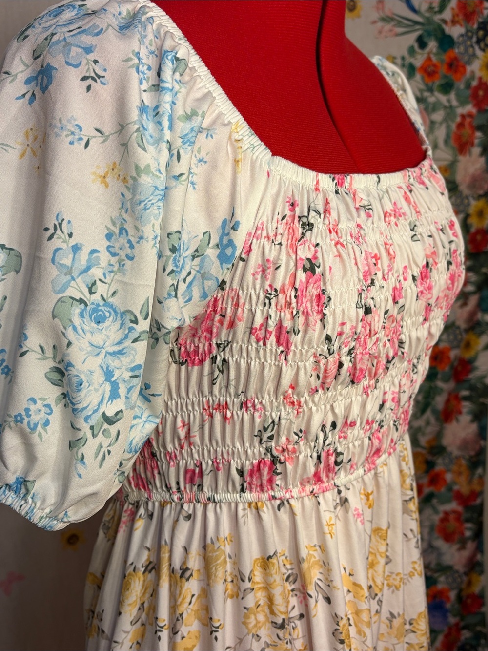Bohemian Tiered Floral Pastel Maxi Dress in Multi-Color w/ Lace - Picture 6 of 11